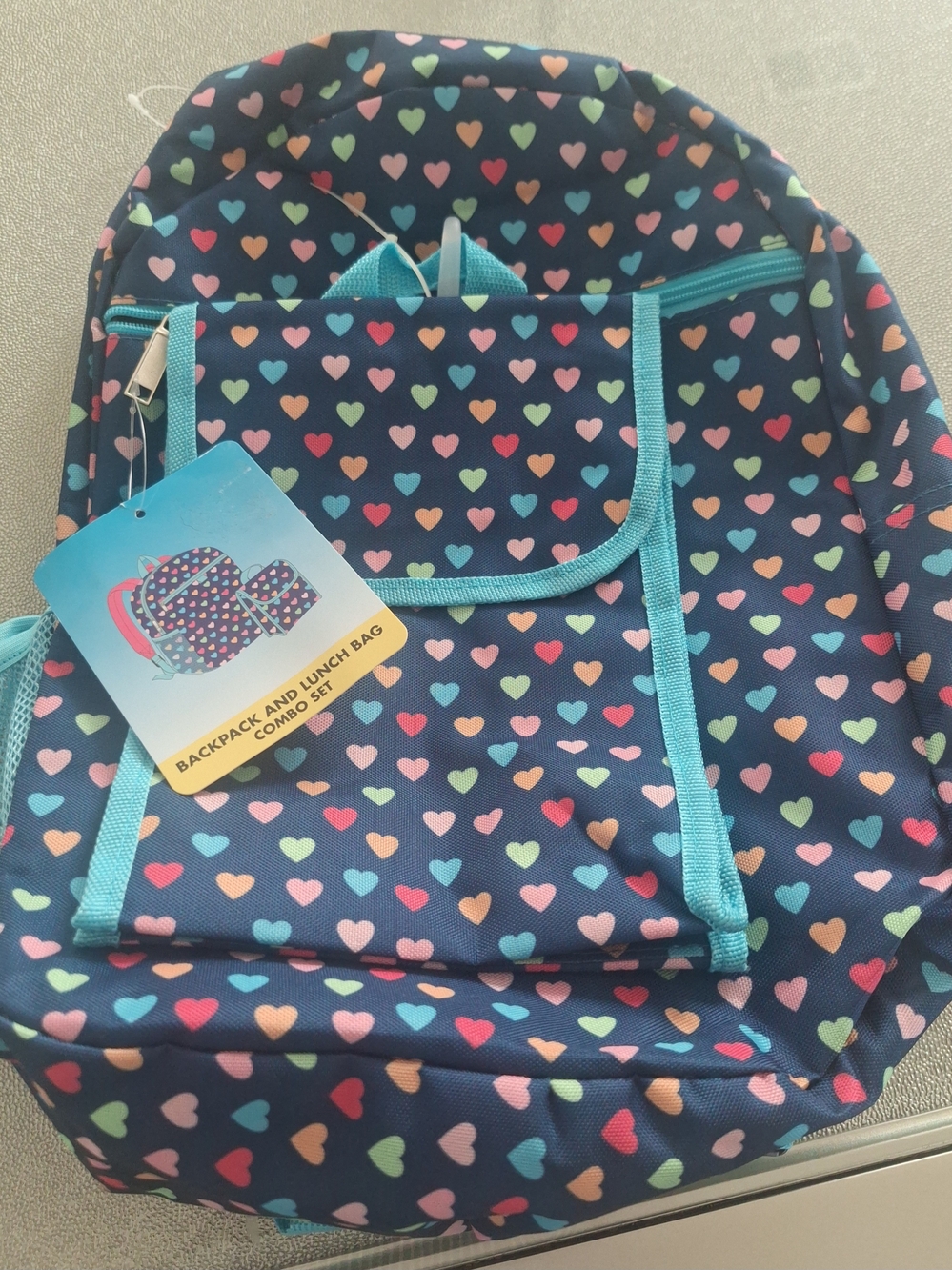 Kids Heart Pattern Backpack in Navy with Aqua Trim